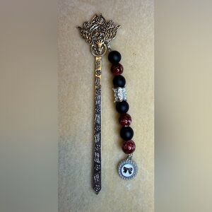 Black and Red Beaded Bookmark with Silver Accents